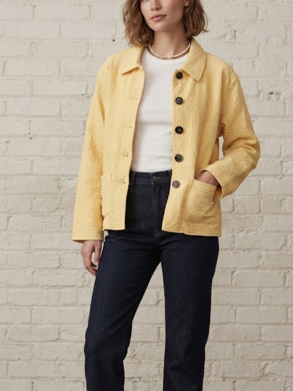 El Huarache Cottons Yellow Textured Button Front 100% Cotton Jacket Size L